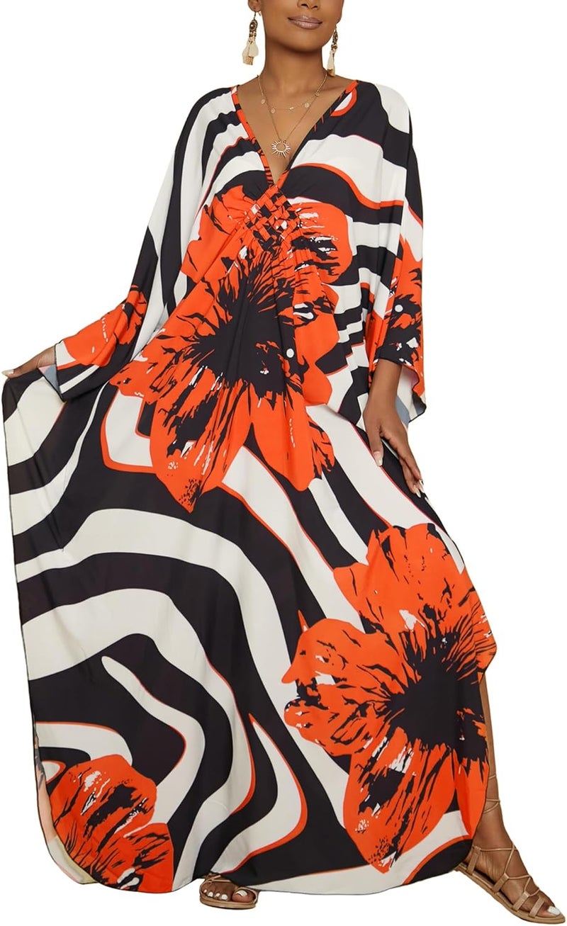 Bsubseach Women Floral Print Kaftan Dresses Plus Size Bathing Suit Cover Up Moo Moos Caftan Beach Dress for Swimwear Summer - Image 1
